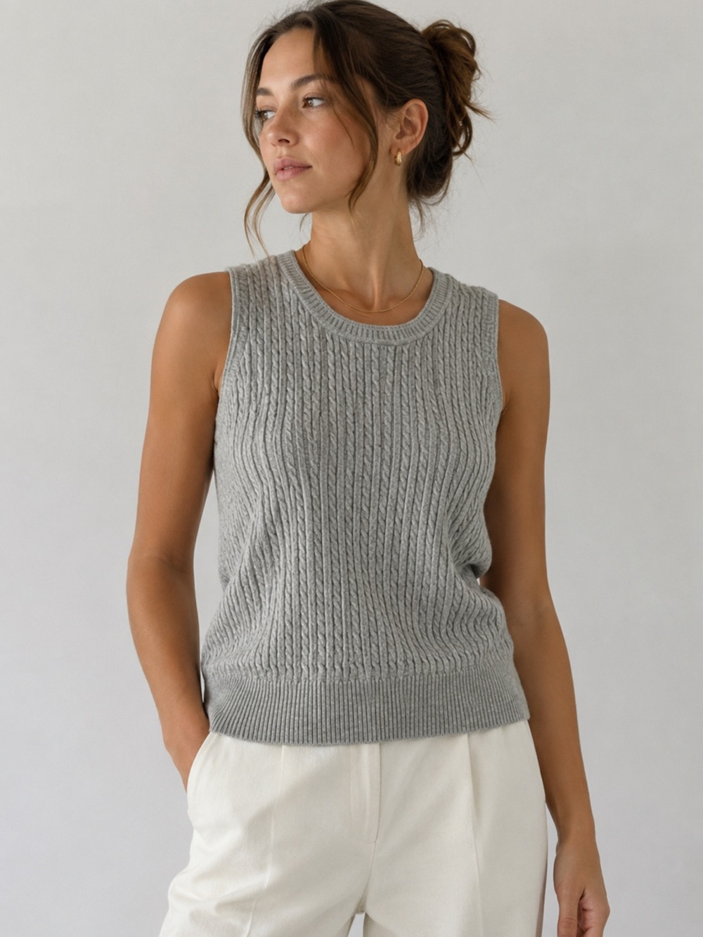 Jeanne Pierre Gray Cable Knit Sweater Vest Sleeveless Top Size L